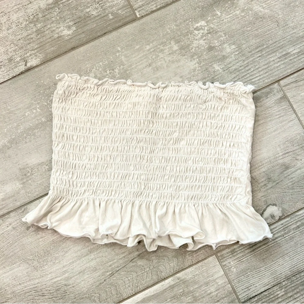 American Eagle (No Tag) White Smocked Elastic Soft Ruffle Tube Top Size M/L